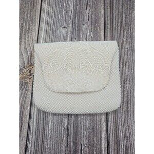 Vintage Seed Bead Clutch made in Hong Kong Unbranded White Purse Fabric